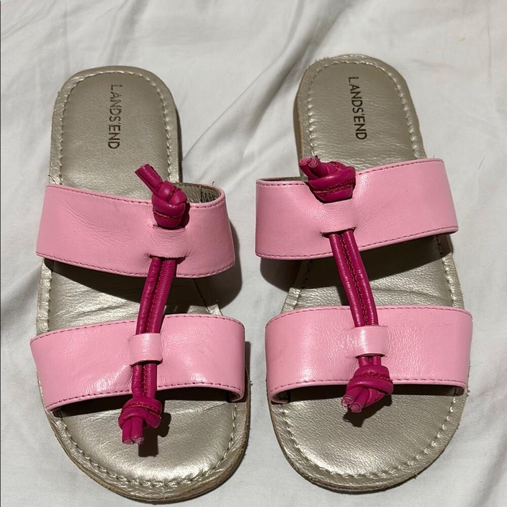 Lands' End Pink 1 leather Sandals with Tassel Details slip on style euc